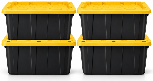 Stacked black moving totes with yellow lids (40-tote package)