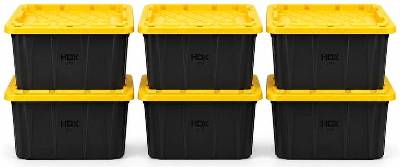 Stacked black moving totes with yellow lids (60-tote package)