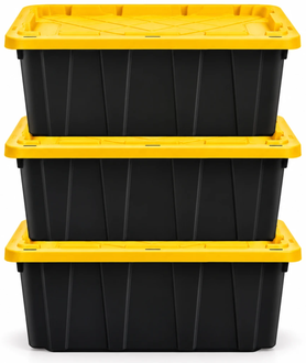 Stacked black moving totes with yellow lids (20-tote package)