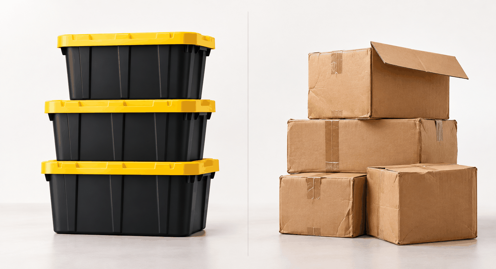 Three black moving totes with yellow lids beside a stack of cardboard boxes