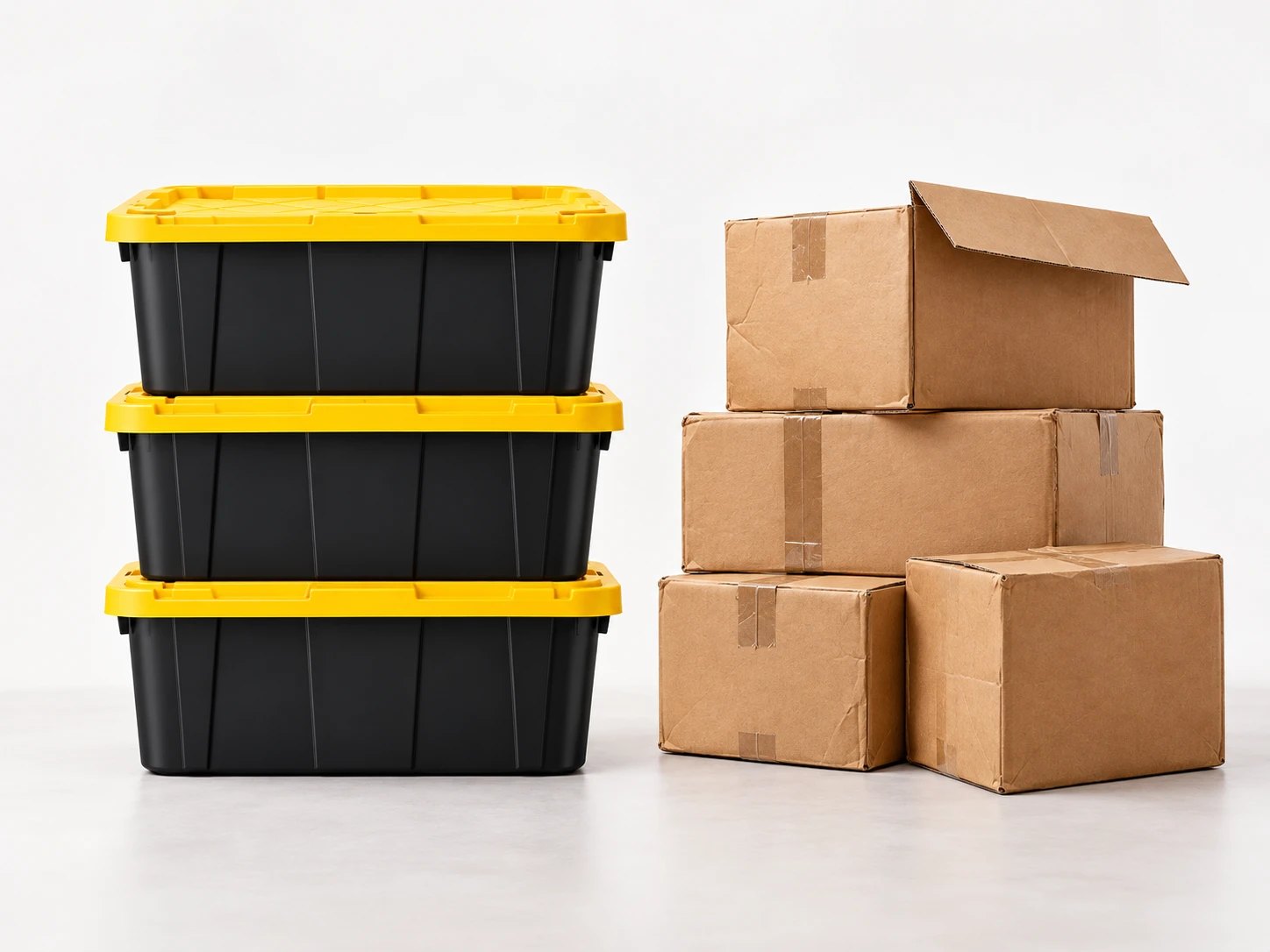 Three stacked black moving totes with yellow lids beside a pile of taped cardboard boxes